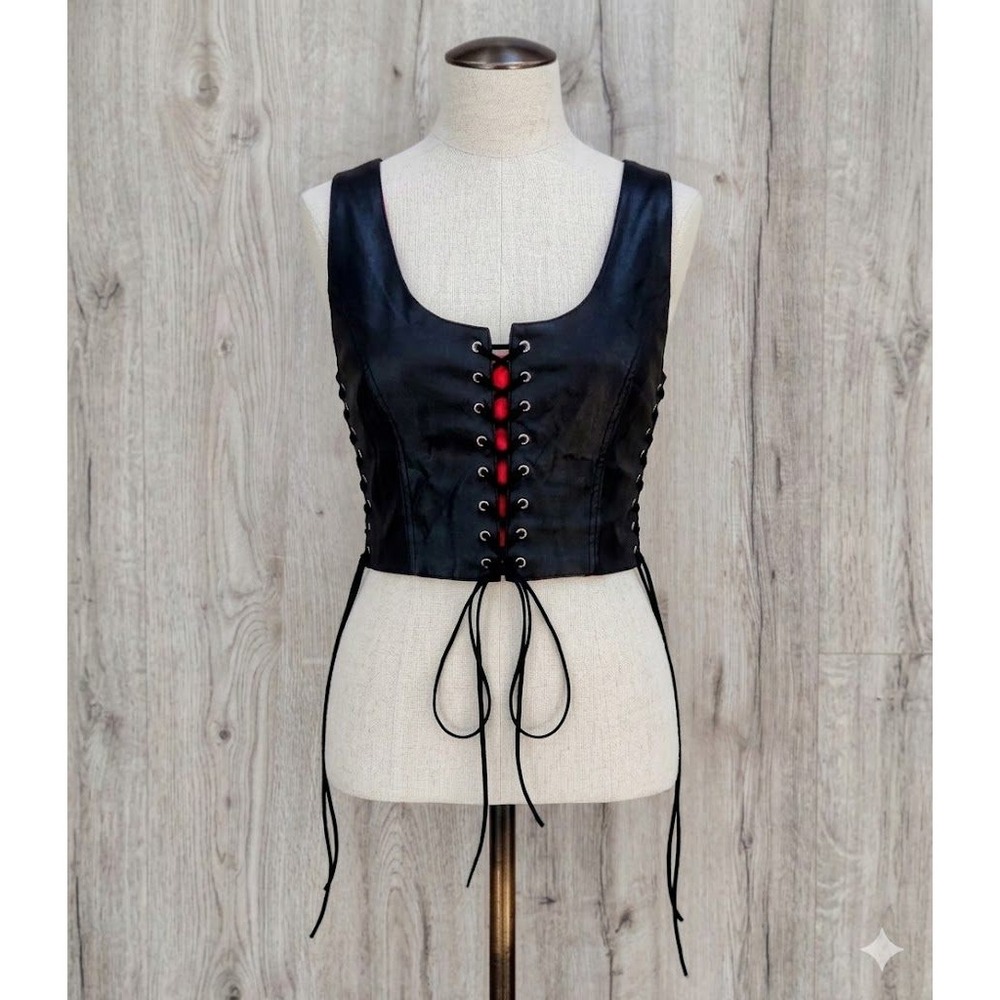 Black Leather Tavern Maiden Bodice Renaissance Faire Goth Lace Up Corset Top